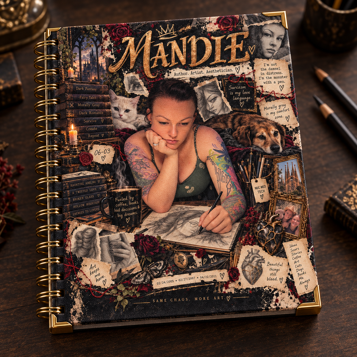 Custom handmade Mandie notebook with printed cotton canvas cover, gold side binding, and gold corner protectors
