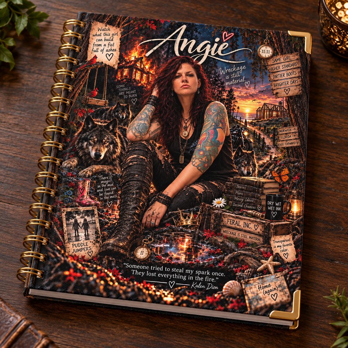 Custom handmade Angie notebook with printed cotton canvas cover, gold side binding, and gold corner protectors