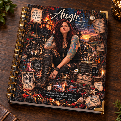 Custom handmade Angie notebook with printed cotton canvas cover, gold side binding, and gold corner protectors