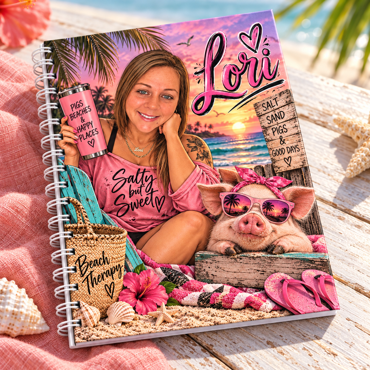 Custom handmade Lori notebook with pink beach and pig artwork