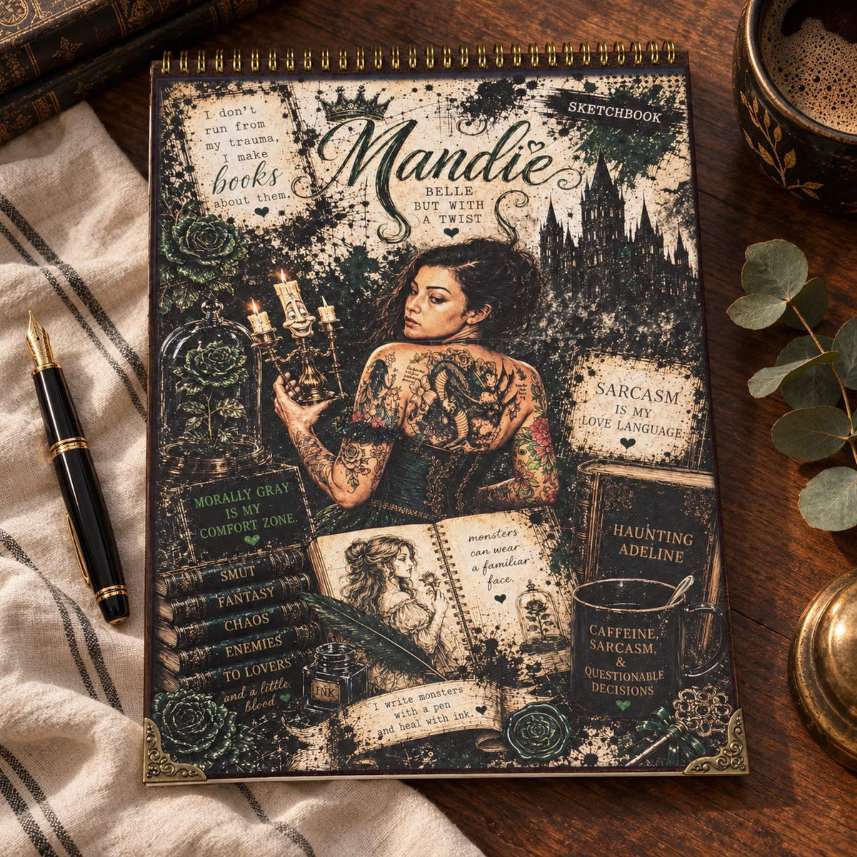 Finished custom Mandie sketchbook with personalized dark academia artwork