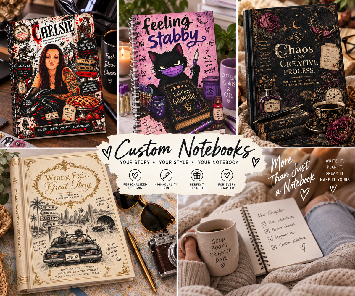 Custom handmade notebook examples for gifts, travel, work and everyday life