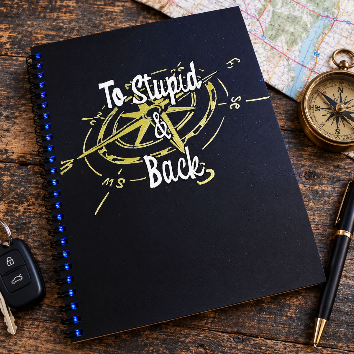 Hand-painted custom To Stupid and Back road trip notebook